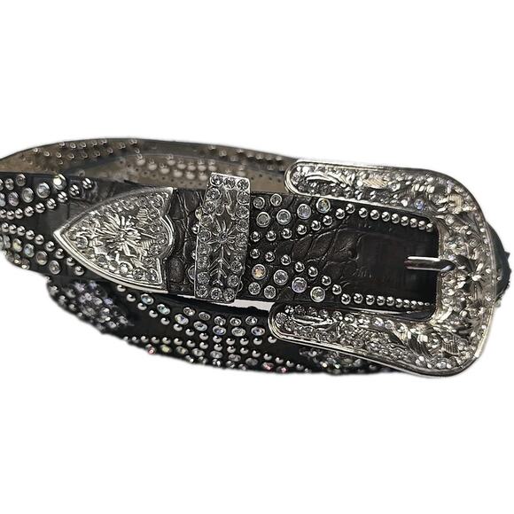 Western Rhinestone Belt Dark Brown Croc Leather Silver Floral Buckle Bling 38\